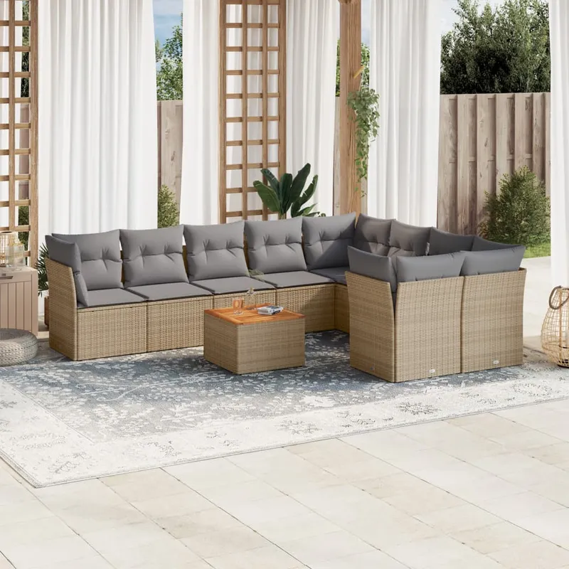 vidaXL Soffgrupp för trädgård med dynor 10 delar beige konstrotting (#6820)