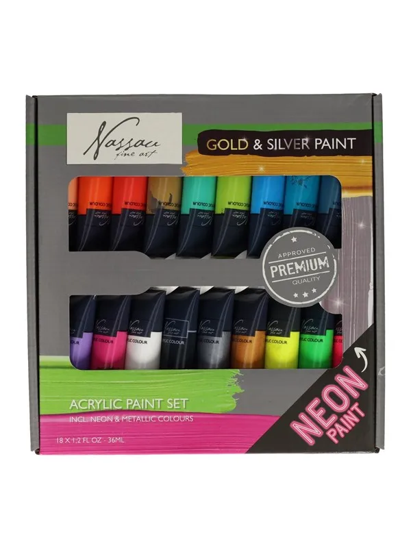 Nassau Acrylic Paint Fluorescent and Metallic Colors 18×36 ml