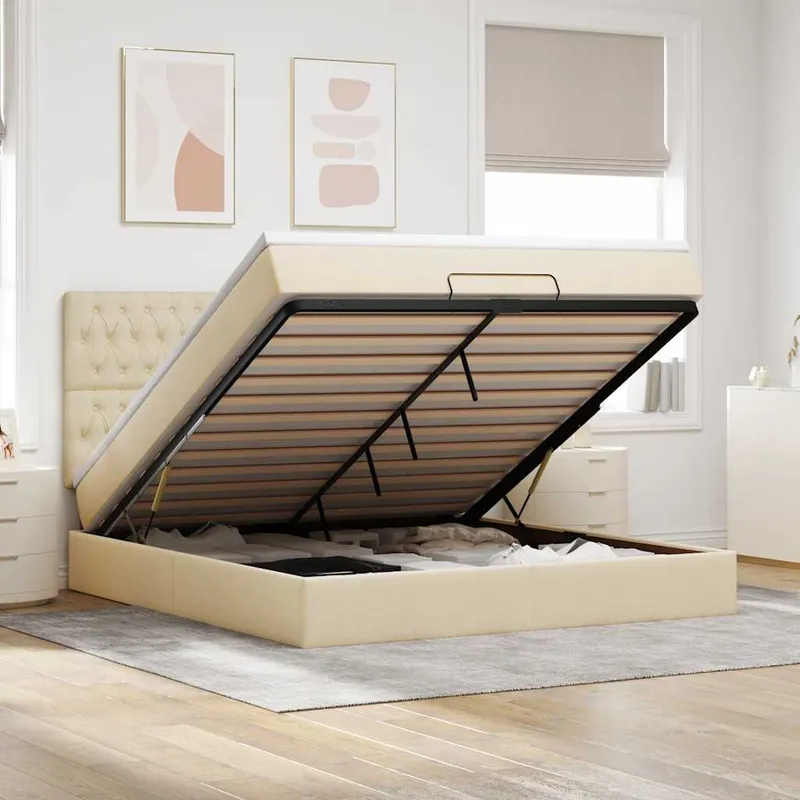 vidaXL Ottoman sängram med madrass gräddvit 180×200 cm tyg (#8992)