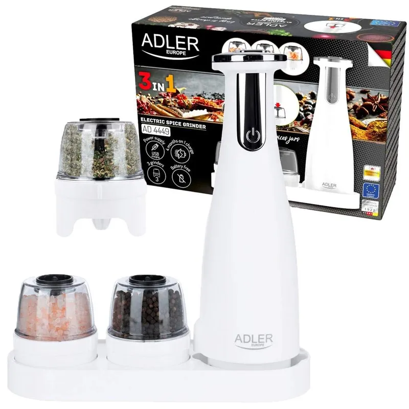 Adler AD 4449w Set med 3 kryddkvarnar pepparkvarn saltkar peppar shaker elektrisk USB -C 1500 mAh
