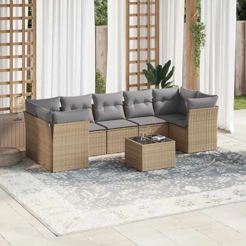 vidaXL Matgrupp för trädgården med dynor 8 delar beige konstrotting (#8906)
