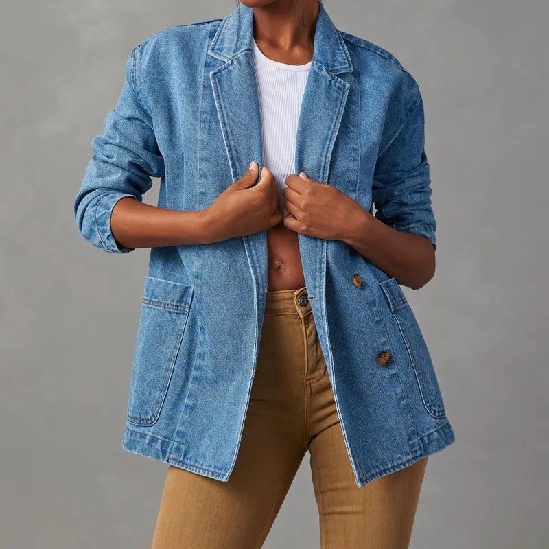 Ny dameklær Casual Vasket Blå Denim Blazer for Damer 2XL Blå (#3839)