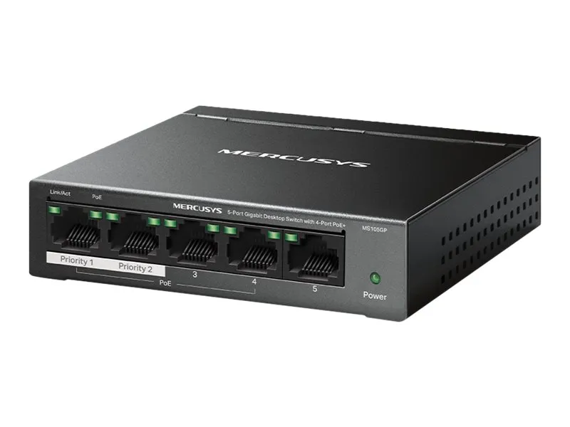 Mercusys MS105GP V1 - Switch - 5 x 10/100/1000 (4 PoE+) - skrivbordsmodell, väggmonterbar - PoE+ (65 W)