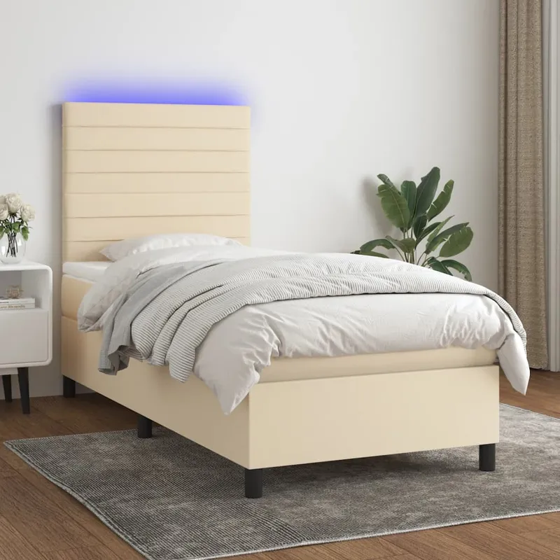 vidaXL Ramsäng med madrass & LED gräddvit 100×200 cm tyg (#4625)