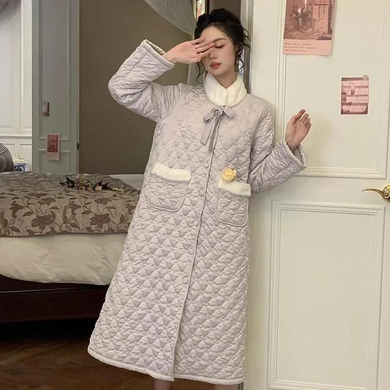 Ny Stil Fortykket Varm Morgenkåpe Nattkjole Fleecefôret Vinter Enkel High-end Langermet Morgenkåpe Løs Søt Nattkjole XL