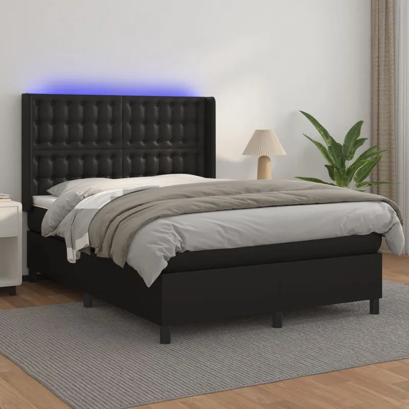 vidaXL Ramsäng med madrass & LED svart 140×190 cm konstläder (#9883)