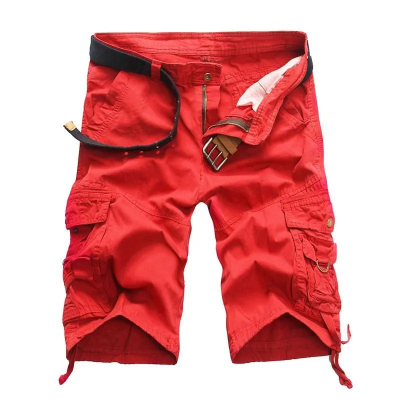 Cargo-shorts för män lösa kamouflageshorts med flera fickor Enfärgade shorts med mitten av midjan Matchande shorts 34 röd