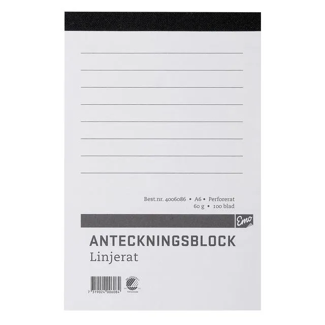 Anteckningsblock A6 linjerat, perforerat, 5 st