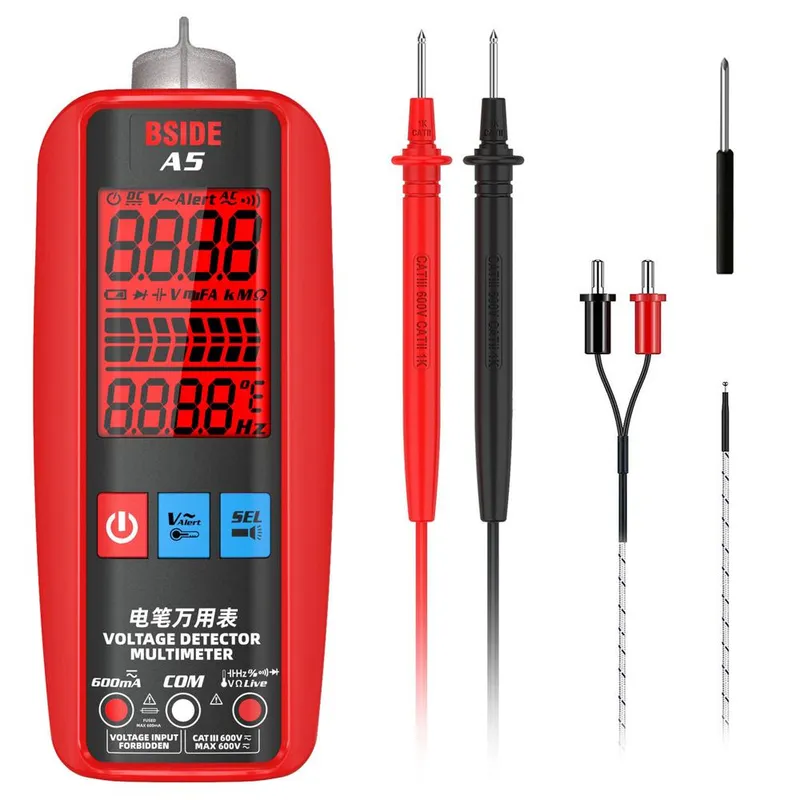 Digital multimeter Professionell Spänning Ström Resistans Frekvens Kapacitans Diod Temperatur A5 Red flerfärgad