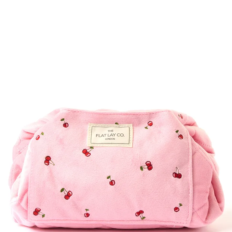 The Flat Lay Co. Drawstring Flat Lay Makeup Bag – Ditsy Cherries Pink Embroidered Velvet