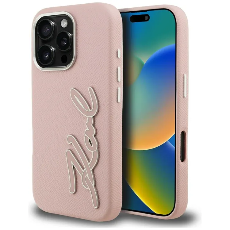 Karl Lagerfeld Mobilskal För iPhone 16 Pro FW Grained Signature Logo - Rosa