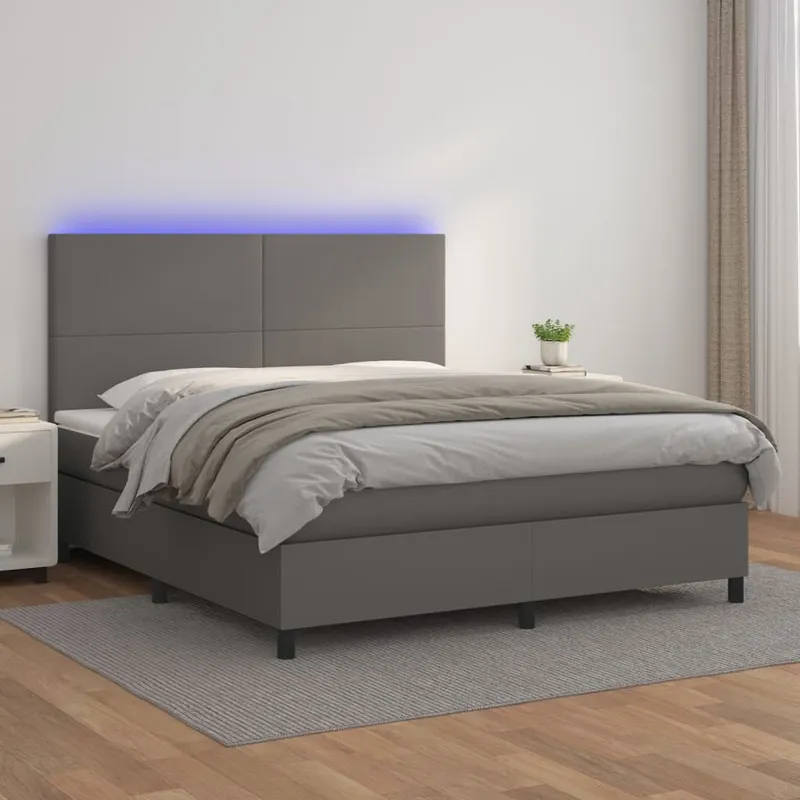 vidaXL Ramsäng med madrass & LED grå 160×200 cm konstläder (#3597)