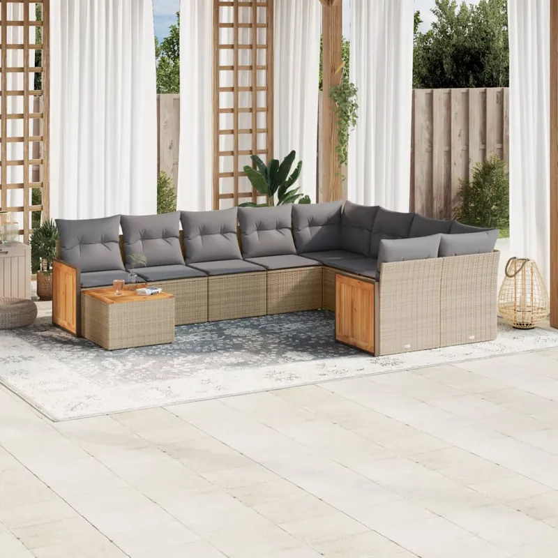 vidaXL Soffgrupp för trädgård med dynor 10 delar beige konstrotting (#9648)