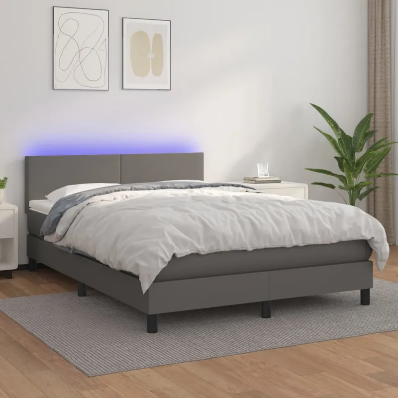 vidaXL Ramsäng med madrass & LED grå 140×190 cm konstläder (#6279)