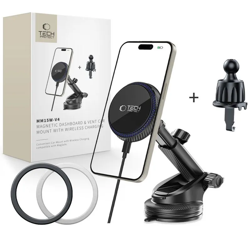 Tech-Protect MM15W-V4 Magnetic MagSafe 15W Car Mount for Cockpit / Windshield / Air Vent - Black