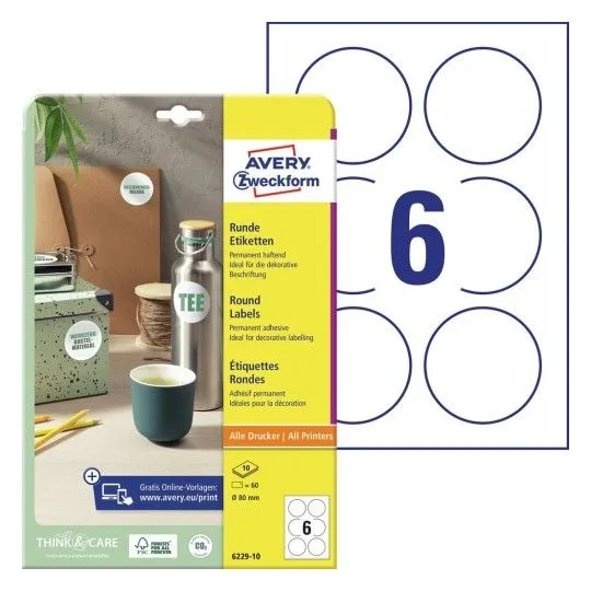 Avery 6229-10, Vit, Rund, Permanent, A4, Universal, 8 cm