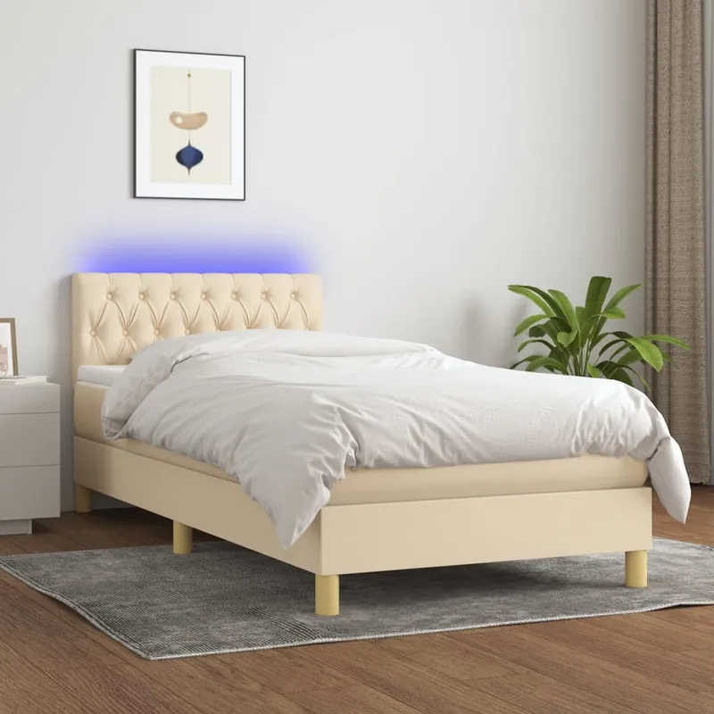 vidaXL Ramsäng med madrass & LED gräddvit 100×200 cm tyg (#4626)