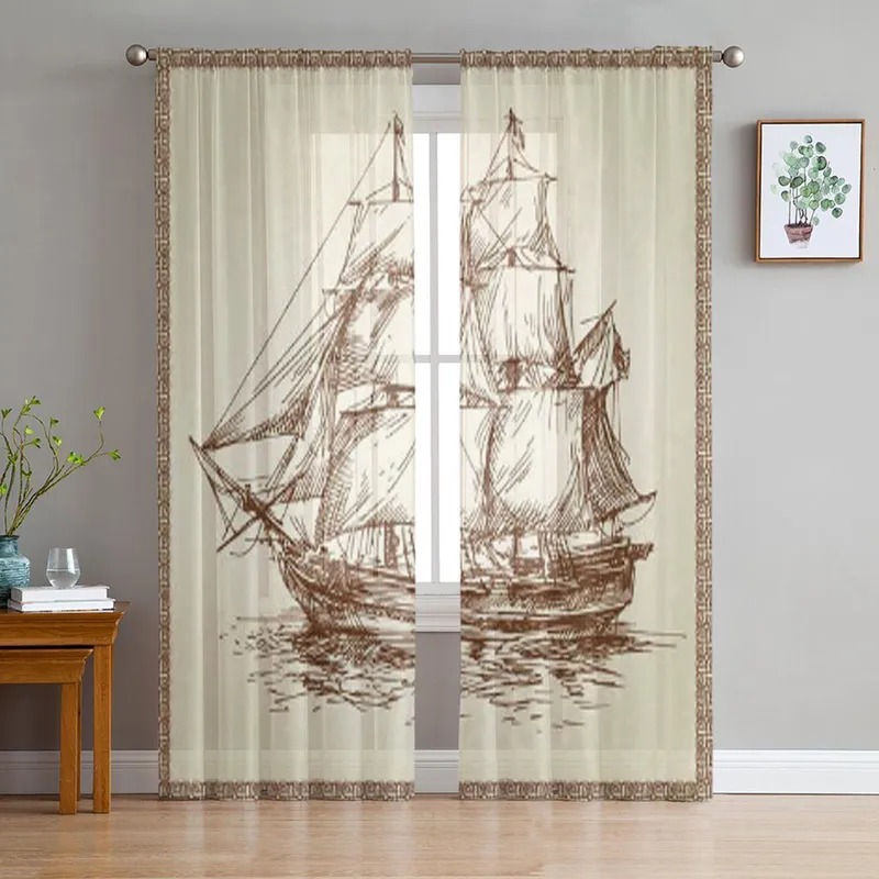 Seilskip Tyll Gjennomsiktige Vindusgardiner Til Stue Soverom Moderne Chiffon Voile Organza Gardiner Dekor Gardiner 135W x 114H(cm)