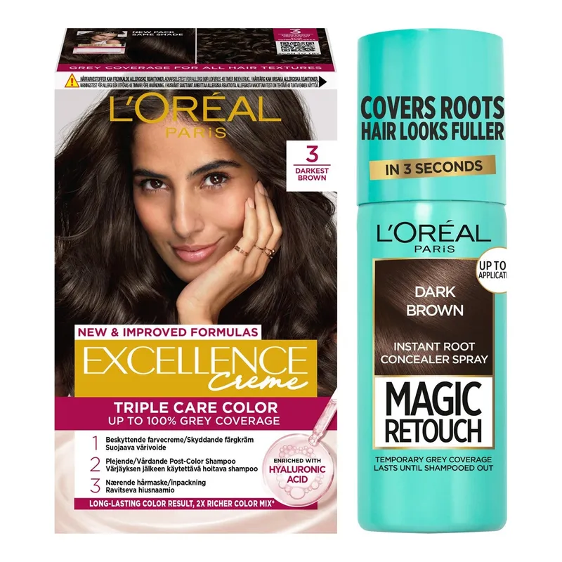 L'Oréal Paris Excellence 3 Darkest Brown + Magic Retouch Roots 2 Dark Brown