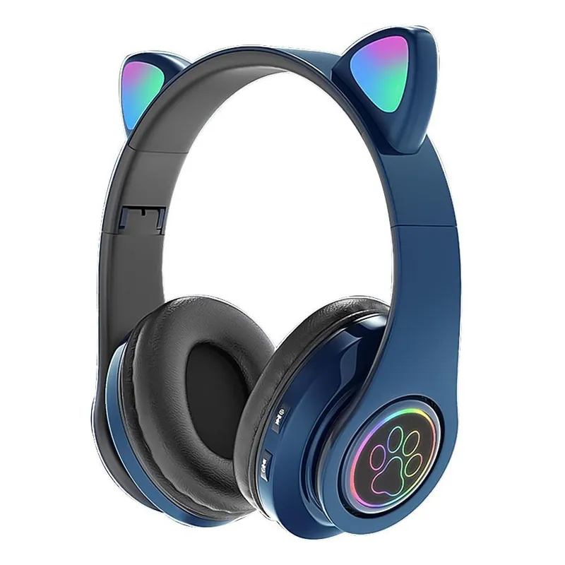 Bluetooth 5.0 hörlurar med mikrofon Söt kattöra Trådlöst/trådlöst hopfällbart hörlurar bas RGB andningsljus för pojkar/flickor blå