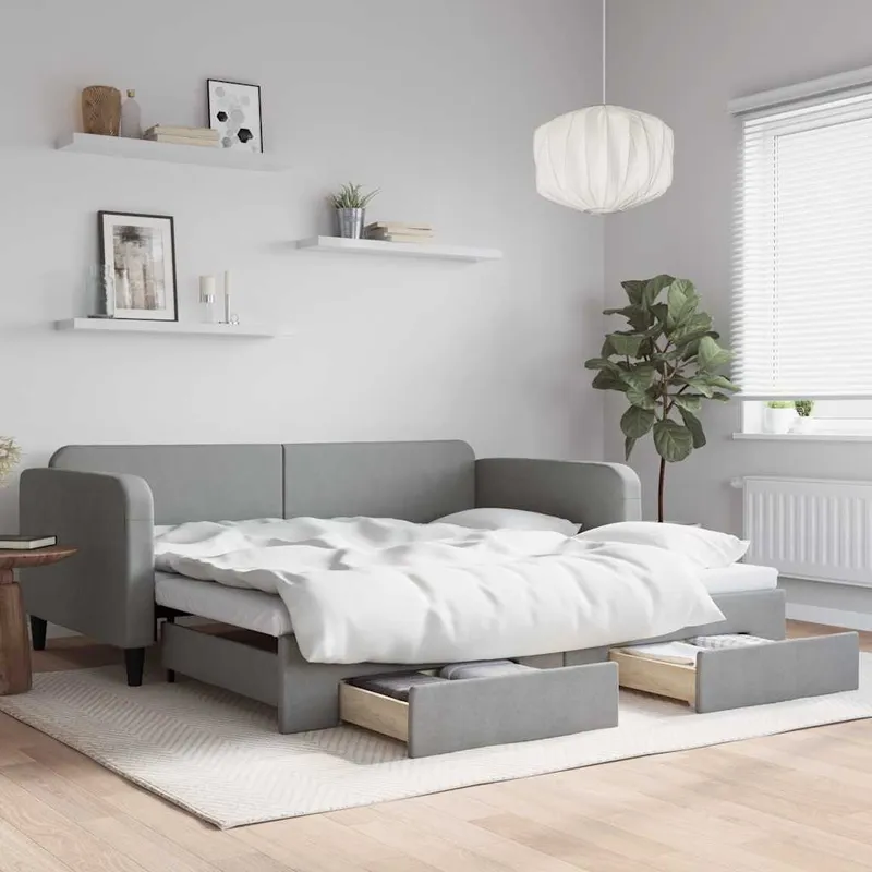 vidaXL Dagbädd utdragbar med lådor ljusgrå 100×190 cm tyg
