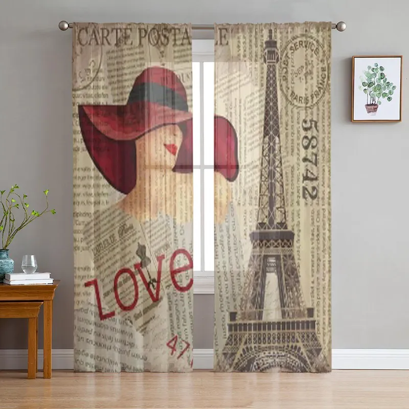 Vintage Plakat Paris Rivepapir Skjære Gardiner til Stue Gjennomsiktig Tyll Vindusgardin Soverom Kjøkken Slør Draperier 135W x 114H(cm)