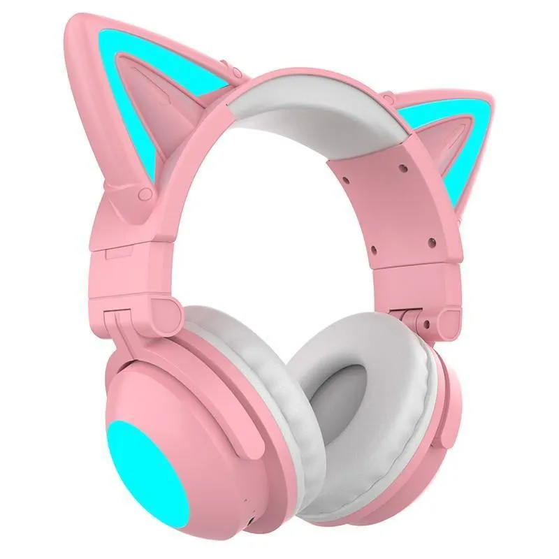 Vikbara huvudmonterade Cat Ear LED Glödande Gaming Headset Heavy Bass Bluetooth 5.0 hörlurar True Wireless Headset med mikrofon rosa
