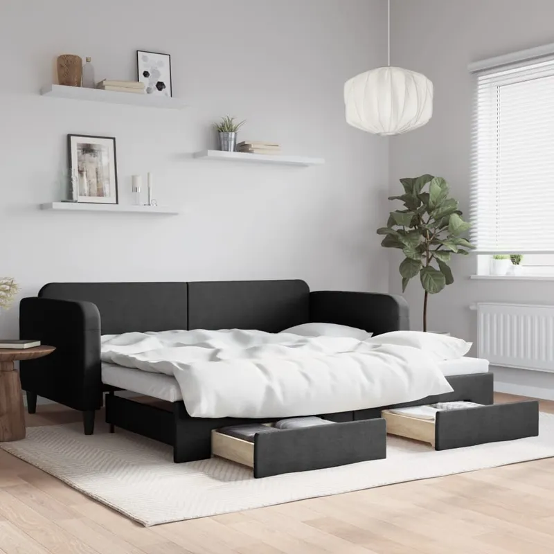 vidaXL Dagbädd utdragbar med lådor svart 90×200 cm tyg (#2284)