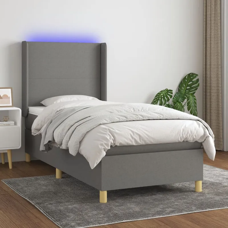 vidaXL Ramsäng med madrass & LED mörkgrå 90×200 cm tyg (#2952)