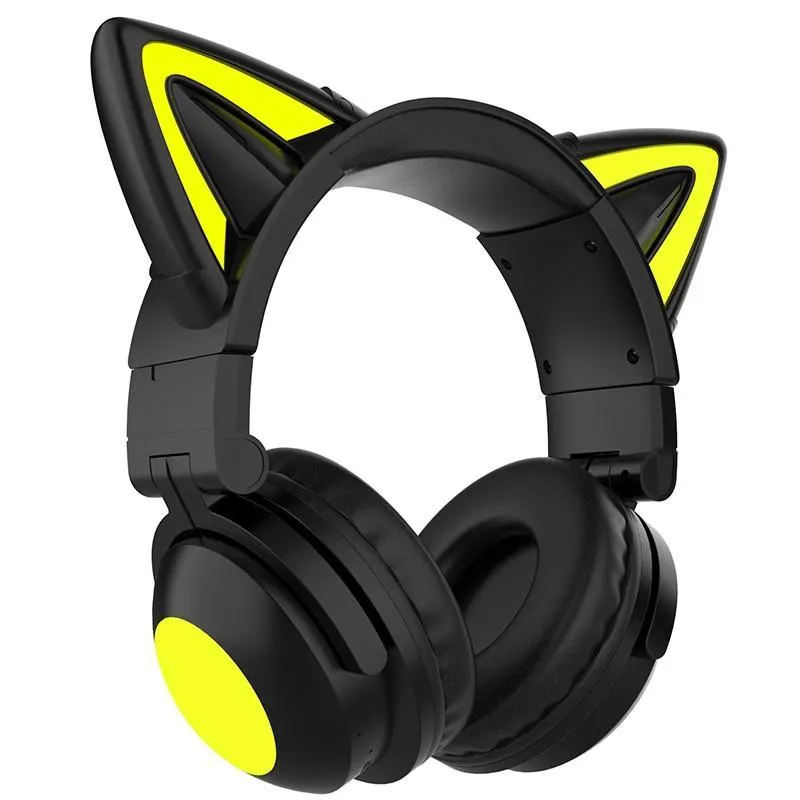 Vikbara huvudmonterade Cat Ear LED Glödande Gaming Headset Heavy Bass Bluetooth 5.0 hörlurar True Wireless Headset med mikrofon svart
