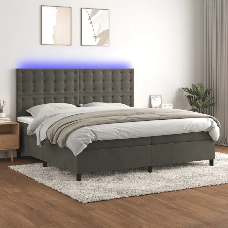 vidaXL Ramsäng med madrass & LED mörkgrå 200×200 cm sammet (#9087)