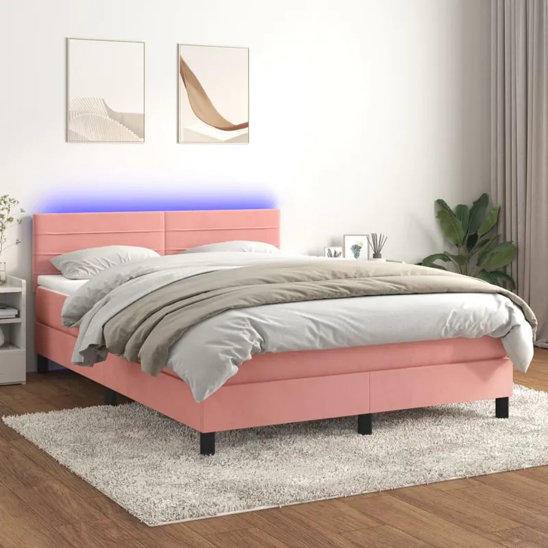vidaXL Ramsäng med madrass & LED rosa 140×200 cm sammet